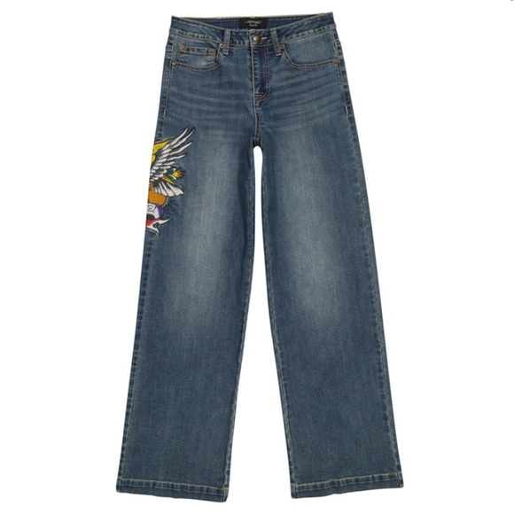Ed Hardy Women’s 34 Brave Eagle Wide Leg Grunge Y2K Blue Denim Jeans - Picture 1 of 7